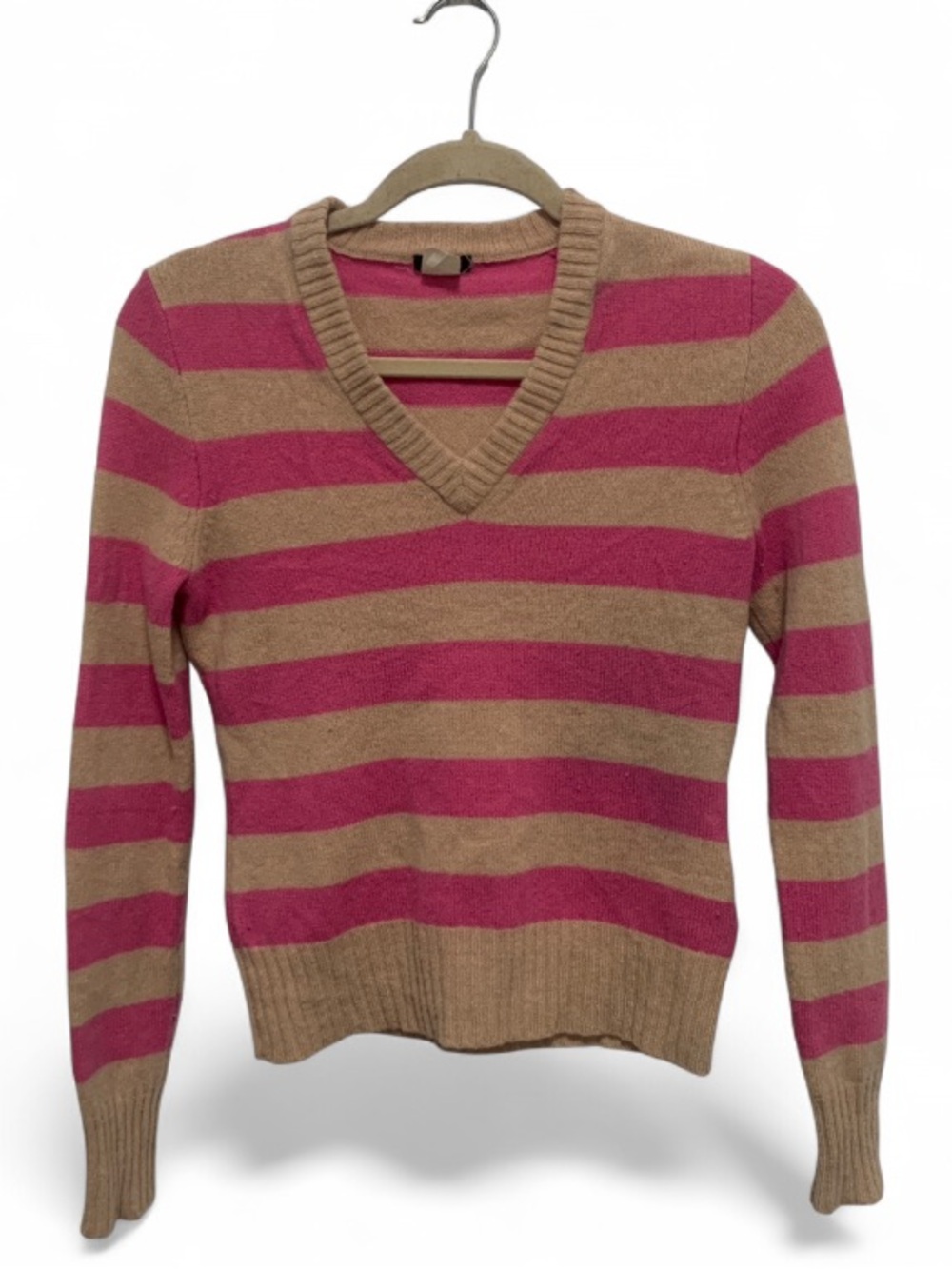 Y2K J. Crew Pink and Tan Striped V-Neck Wool Sweater